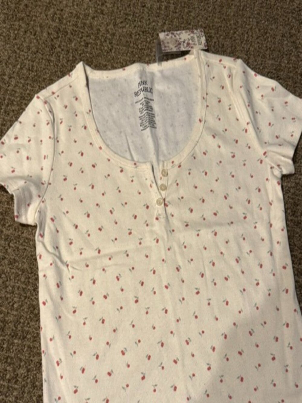 (4 for $20) PINK ROSE Cherry Print Pointelle Top - Junior's Large - NWT